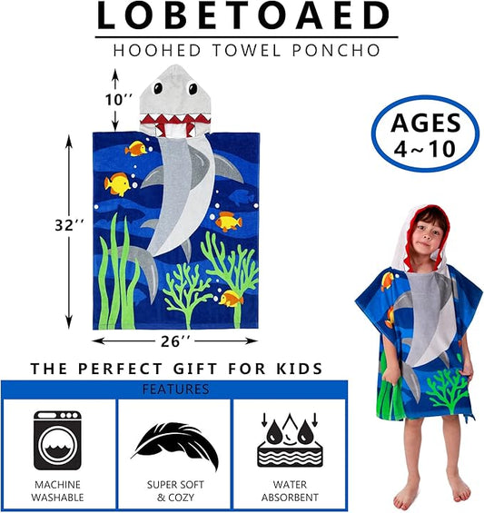 Kids Hooded Beach Bath Towel, Baby Surf Poncho Toddlers Soft Real Cotton Wrap Hooded Towels for Kids Boy Girl