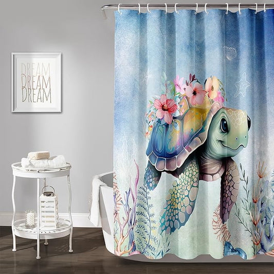 AILONEN Sea Turtle Shower Curtain,Kawaii Sea Turtle Bath Curtain Cloth Fabric Bathroom 48" W*72" H Inch,12 Pack Hooks for Kids,Ocean Animal Themed Bathroom Curtain