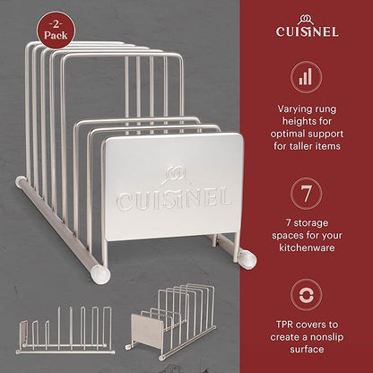 Cuisinel Lid and Dish Organizer Rack - 2-Pack Satin Nickel Kitchen Storage Organization Stand - Plate Holder, Pan/Pot Covers, Cutting Board and Cookie Sheet Divider - 7-Tier Cabinet/Counter Display
