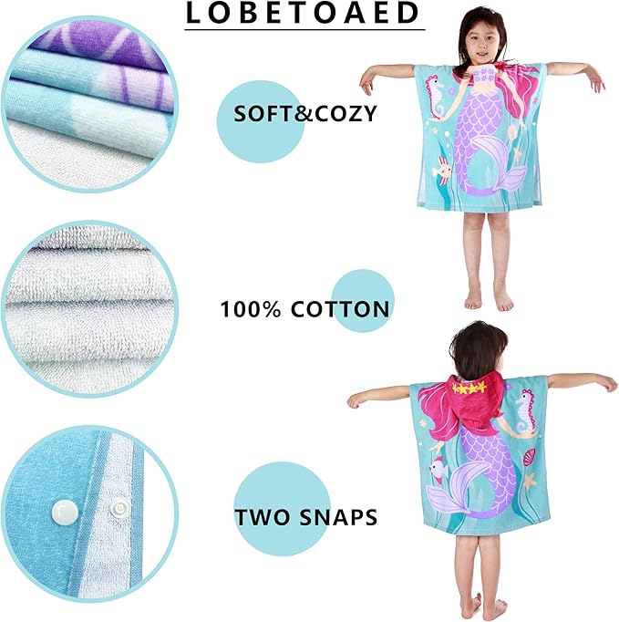 Kids Hooded Beach Bath Towel, Baby Surf Poncho Toddlers Soft Real Cotton Wrap Hooded Towels for Kids Boy Girl
