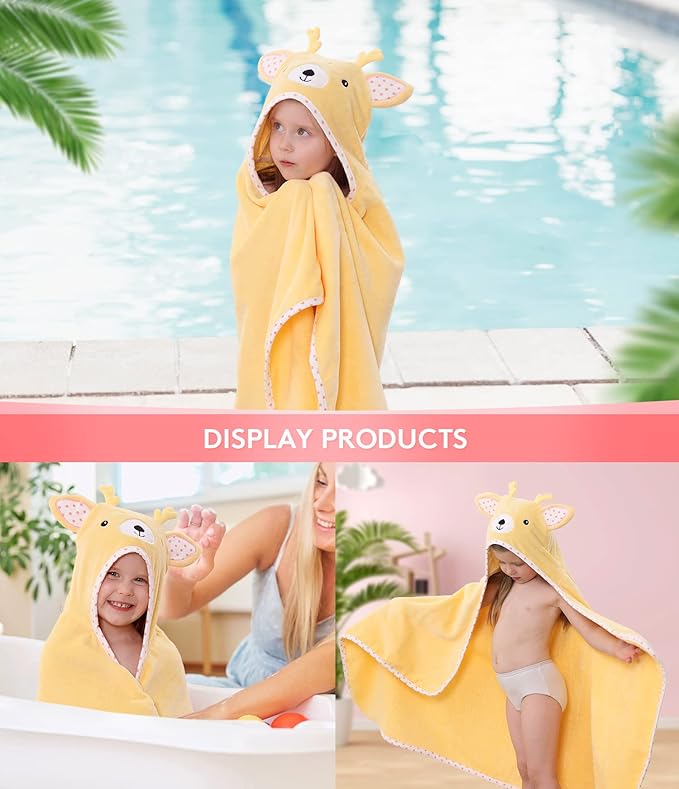 Hooded Towel for Kids 100% Cotton Ultra Soft with Unique Animal Design Large for Infants 3-10 Years (Fawn)