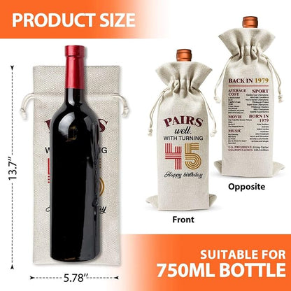 45th Birthday Wine Gift Bag For Wife Sister Friend Mom Dad Women Men Her Him, 1979 Birthday Gift, 45th Anniversary Wine Bag, 45th Birthday Party Decoration, Pairs Well With Turning 40th