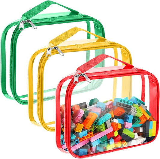 Sanwuta 3 Packs Toy Storage Bags with Zipper, Clear PVC Organizing Bags, Waterproof Toy Bags for Board Games, Building Blocks, Toys and Kids Books (Red, Yellow, Green,12.6 x 9 x 2.36 Inch)