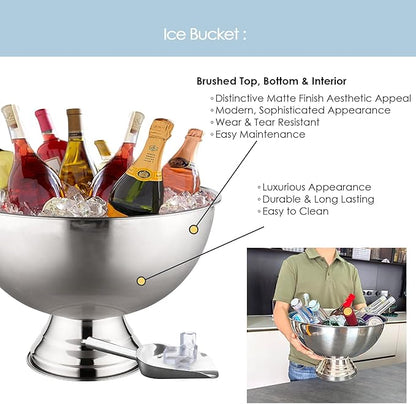 Winsterch 18/8 Stainless Steel Ice Bucket for Parties,Beverage Tub Party Bucket with Scoop,Banquet Champagne Ice Bucket Big Ice Bucket for Parties,Drink Chiller for Parties, Round,12QT (3 Gallon)