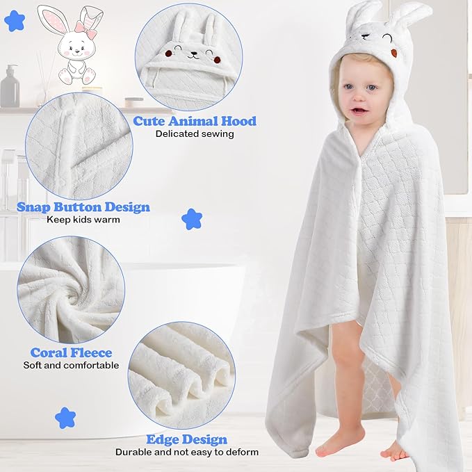 2 Pcs Toddler Hooded Bath Towel 50" x 32'' Thick Animal Hooded Towel for Kid Absorbent Baby Bath Towel Bathrobe Blanket for Boy Girls 0-5 Years(Light Grey, White, Unicorn, Rabbit)