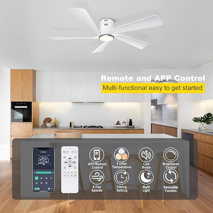 Ohniyou 52” Flush Mount Ceiling Fan with Lights, Remote & APP Control Low Profile Indoor Outdoor Ceiling Fans, Dimmable, Quiet DC Motor, Reversible, White