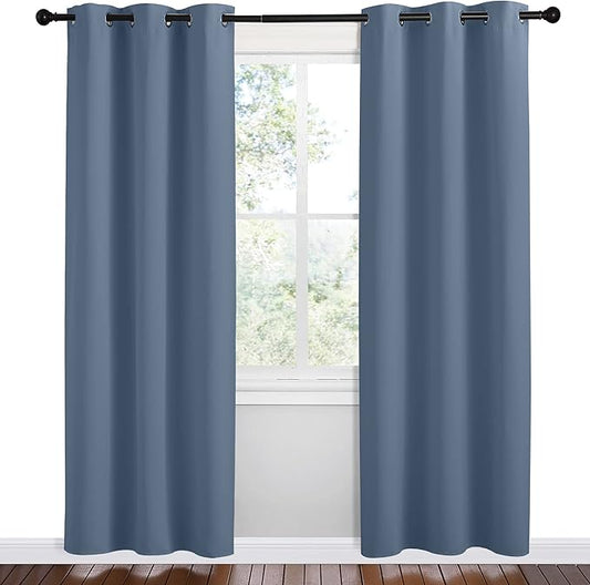 NICETOWN Short Curtains for Kitchen, Stone Blue, 1 Pair, 42 inches Wide by 78 inches Long, Thermal Insulated Solid Grommet Blackout Window Treatment Curtain Panels for Loft, Cafe