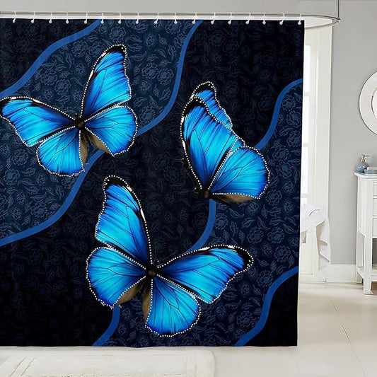 Feelyou Butterfly Shower Curtain 72"x84" Kids Butterflies Botanical Floral Print Bathroom Shower Curtain Set for Boys Girls Teens Geometric Stripes Bath Curtain Blue Bathroom Accessories