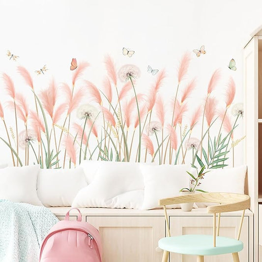Green Plants Wall Stickers, Reed Flower Dandelion Butterfly Wall Murals Peel and Stick, Wall Decals for Living Room, Wall Décor for Bedroom, Wall Art for Kitchen, Kids Room Décor