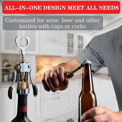 KORCCI Wine Opener, Wine Bottle Opener, Zinc Alloy Wing Corkscrew Heavy Duty, Cork Screw Beer Opener for Bartenders, Multifunctional Bottle Opener for Kitchen, Restaurant, Bar, Waiters (1, Sliver)
