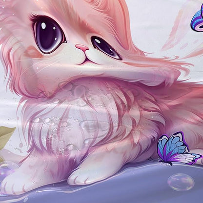 AILONEN Cute Cat Shower Curtain for Kids Boys,Kawaii Kitten and Butterfly Fabric Shower Curtains for Bathroom,Big Eye Pink Cat Polyester Cloth Bath Curtain Set, 72" W*96" H Pink