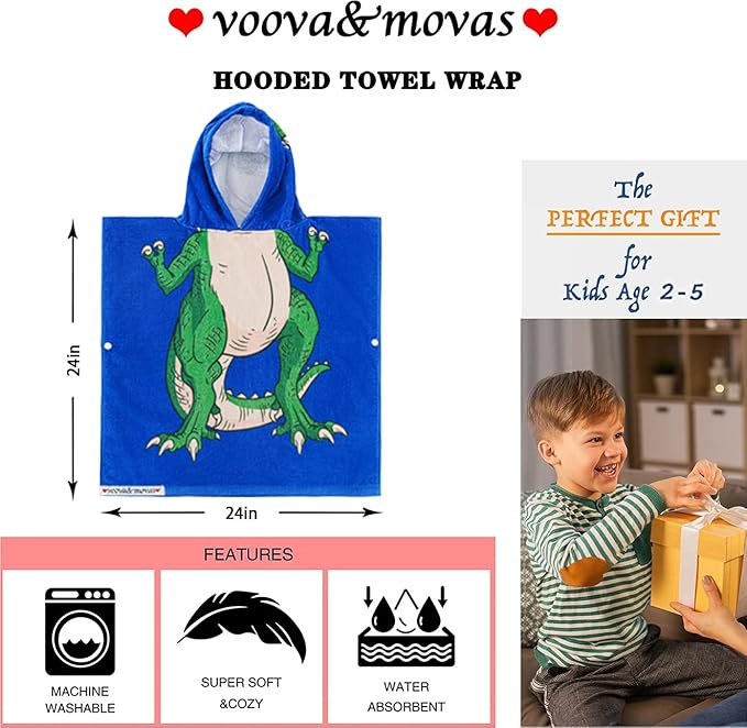 VOOVA & MOVAS Kids Poncho Towels with Hood (2-6Years), Soft Cotton Poncho for Boys Girls, Perfect for Child Swim | Camping Surf | Shower | Birthday Gifts, Dino/Dinosaur Theme