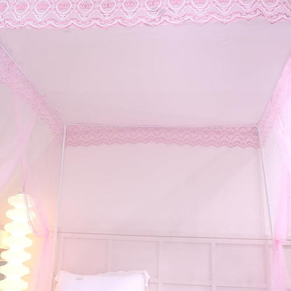 Bed Canopy, Princess Bed Curtain Net for Girls & Adults，Three-Doors Rectangle Lace Dome Netting (Baby Pink, Queen)