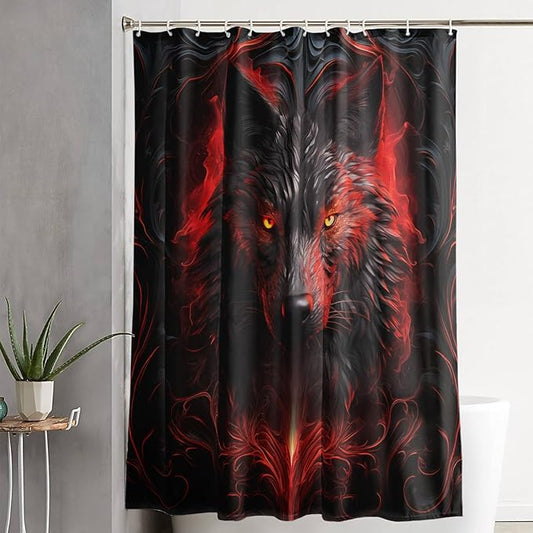 AILONEN 3D Black Wolf Shower Curtain Set,Fire Wolf Head Bathroom Curtain for Kids Girls Boys,Boho Style Shower Curtain,Wild Animal Shower Curtains for Bathroom Decor, 36" W*72" H