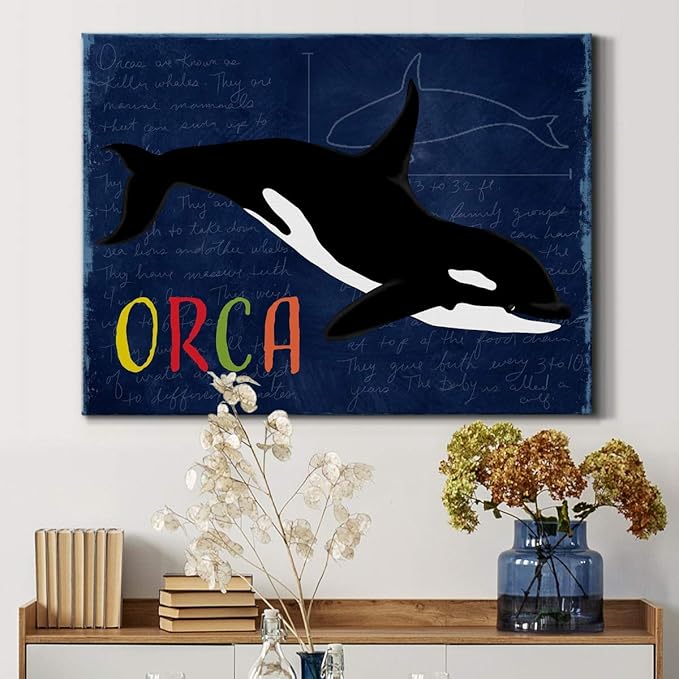 Renditions Gallery Canvas Animal Wall Art Modern Decorations Paintings Colorful Playful Orca Abstract Black & White Vibrant Artwork Canvas Prints for Kids Bedroom Nursery - 24"x36" LT33