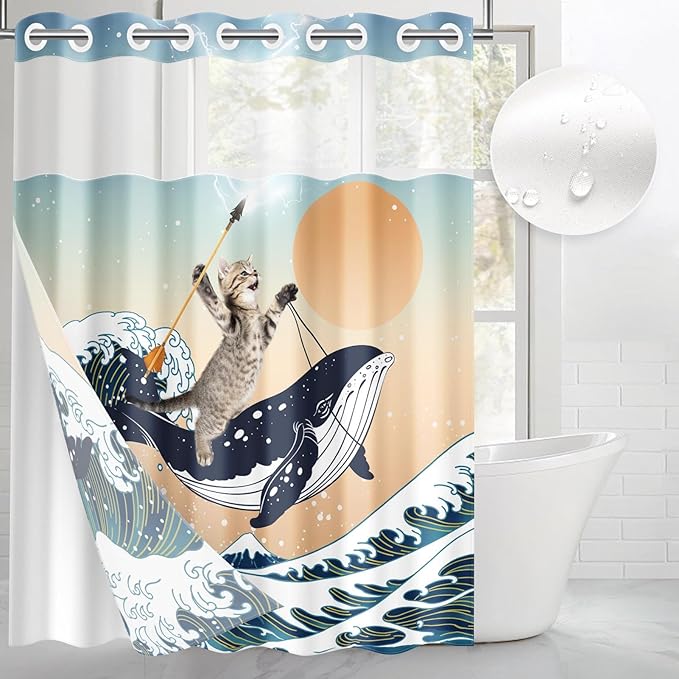 Funny Whale Cat No Hook Shower Curtain with Snap in Liner, Ocean Wave Sea Blue Orange Bath Curtain with Double Layers Waterproof Fabric and Mesh Top Window 71x74 Inch