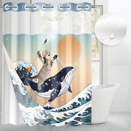 Funny Whale Cat No Hook Shower Curtain with Snap in Liner, Ocean Wave Sea Blue Orange Bath Curtain with Double Layers Waterproof Fabric and Mesh Top Window 71x74 Inch