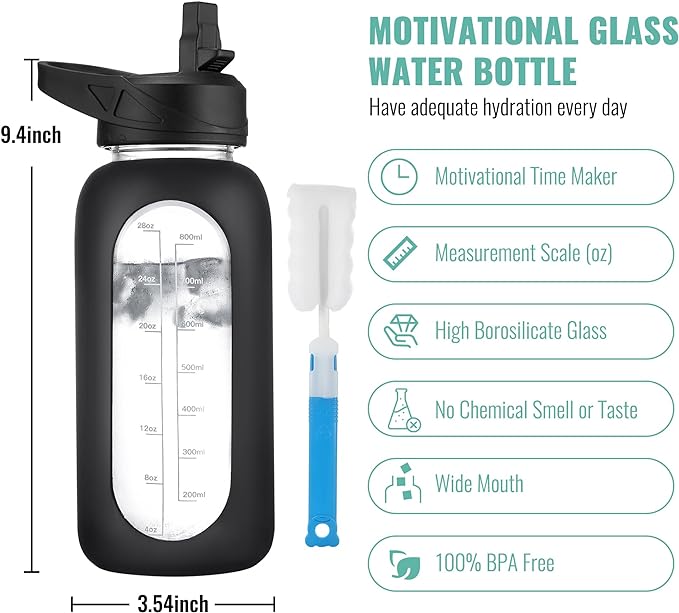 CIVAGO 32 oz Glass Water Bottle with Straw and Handle, Large Sports Motivational Water Bottle Flask with Time Marker and 2 Lids, Leakproof Water Jug Canteen with Silicone Sleeve for Gym,Cream