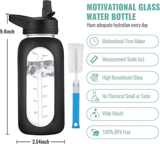 CIVAGO 40 oz Glass Water Bottle with Straw and Handle, Large Sports Motivational Water Bottle Flask with Time Marker and 2 Lids, Leakproof Water Jug Canteen with Silicone Sleeve for Gym,Cream