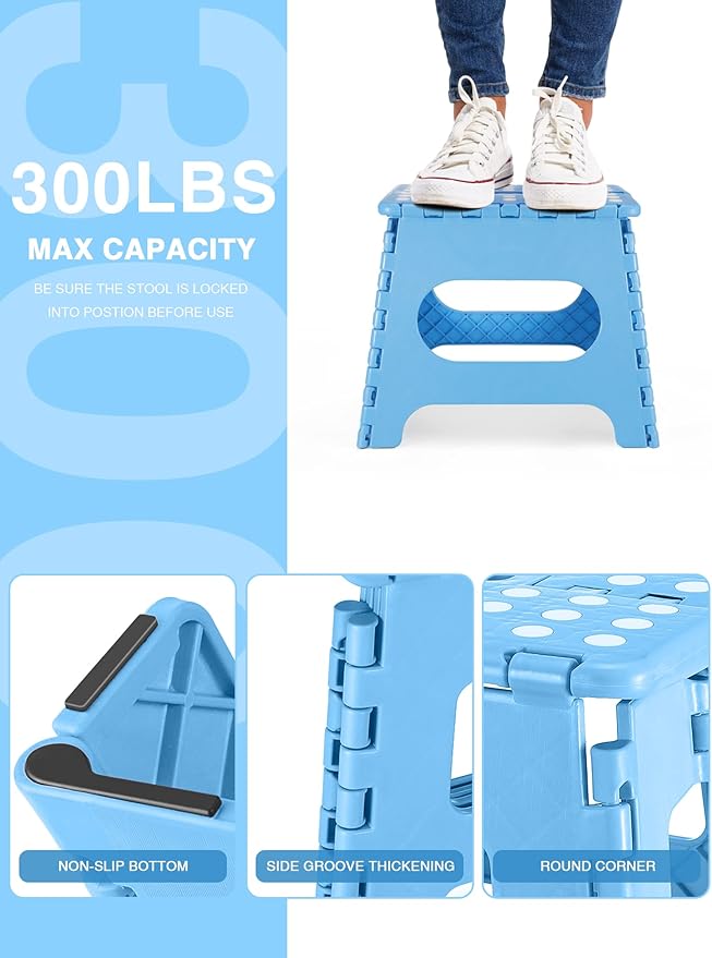 Folding Step Stool 11", Durable Kids Step Stool, Heavy Duty Step Stools for Adults, Compact Foot Stools, Light-Weight Toddler Step Stool for Kitchen, Bathroom, Holds Up to 300 lbs (Blue)