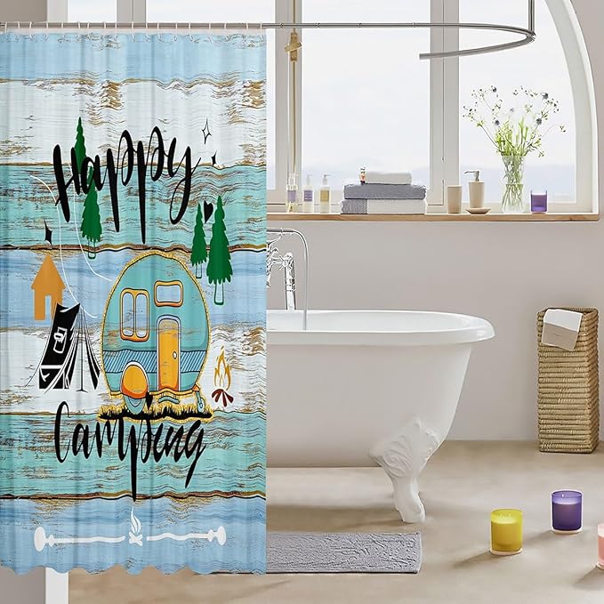 Feelyou Happy Camping Bathroom Waterproof Accessories with 12 Hooks Blue and Orange Camper Fabric Shower Curtain for Kids Farmhouse Style Shower Curtain Vintage Barn Door Curtains,72X78 Inches