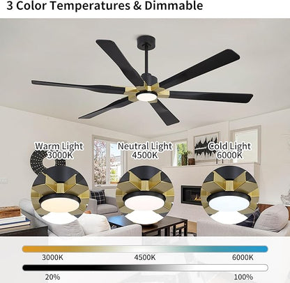 68 Inch Ceiling Fan with Lights and Remote Control, 6 Reversible ABS Blades, 6-Speed Noiseless DC Motor with 4.5" / 12" / 24" Downrods for Bedroom Dining Living Room, Gold and Black