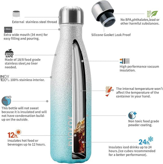 BJPKPK Insulated Water Bottles -17oz/500ml -Stainless Steel Water Bottles,Sports Water Bottles Keep Cold for 24 Hours and Hot for 12 Hours,BPA Free Water Bottle,Glitter Silver Blue