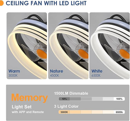 Flush Mount Ceiling Fan with RGB Light - 13“ Small Bladeless Ceiling Fan Light with Reversible Mute Motor, RGB LED Dimmable, Low Profile Enclosed Ceiling Fans for Indoor, Kids Room, Party
