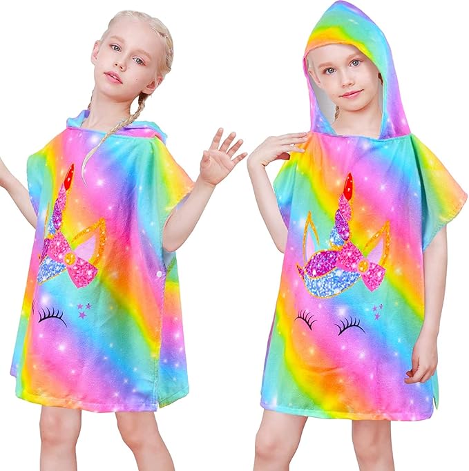 Kids Hooded Towels for Girls, Unicorn Hooded Beach Towel for Kids, Soft & Absorbent Cotton Kids Poncho Towels for 3-8 Years, 24"x24"(Rainbow Unicorn)