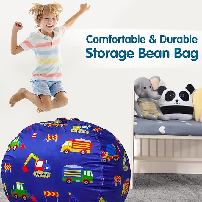 Lukeight Stuffed Animal Storage Bean Bag Chair Cover for Kids, Zipper Beanbag Chair Cover for Organizing Toddler and Kids' Rooms Plush Toys (Excavator Velvet, Large)