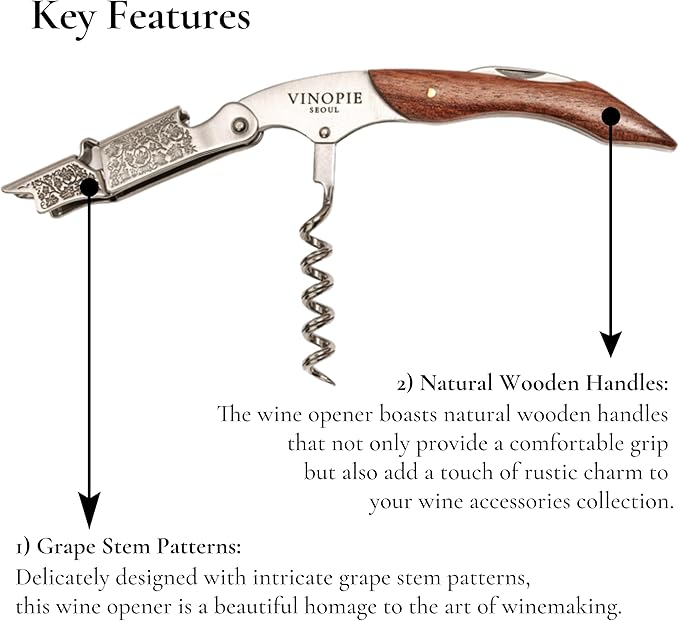 Professional Wood Grapevine Pattern Sommelier Knife With Camel Leather Wine Keyring with Ergonomic Wood Grip, Beer Bottle Opener Foil Cutter Waiters Corkscrew Wine Opener
