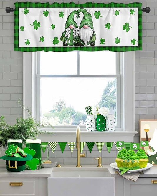 Gnome St. Patrick's Day Kitchen Curtains Valances for Windows Buffalo Plaid Shamrock Rod Pocket Window Treatment for Kitchen /Living Room/Bedroom/ Bathroom, 60" X 18", Seasonal Spring Holiday