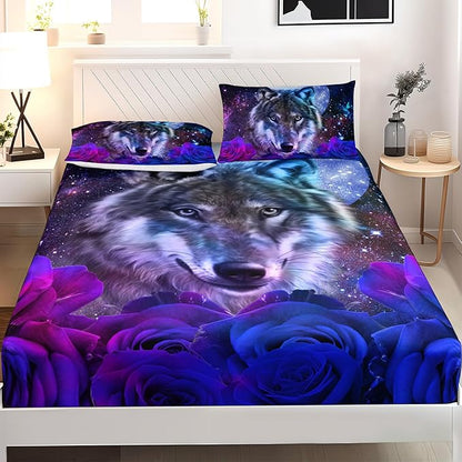 AILONEN Wolf Print Fitted Sheet Set Twin XL Size, Moon Galaxy Wolf Bed Sheet Set TwinXL,3 Pieces TwinXL Romantic Blue Rose Wolf Fitted Sheet with 2 Pillowcases