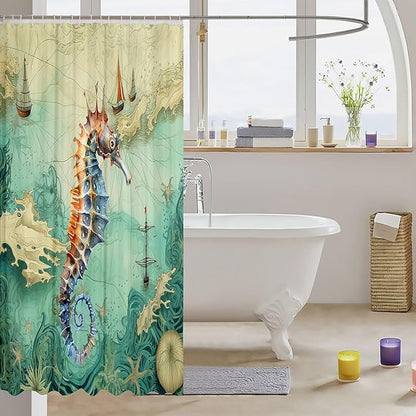 Feelyou Seahorse Shower Curtain 72"x78" Kids Sailboat Printed Bathroom Shower Curtain Set for Boys Girls Teens Ocean Themed Bath Curtain Marine Life Sealife Bathroom Accessories