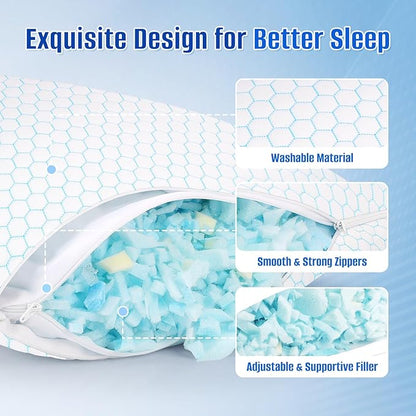 Shredded Memory Foam Pillow for Sleeping, Cooling Bed Pillows Set of 2, Adjustable Pillows for Side, Back, Stomach Sleepers with Washable Pillowcase (Standard Size, Blue)