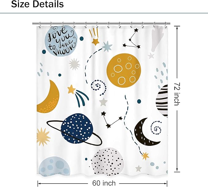 Kids Boys Shower Curtain Cartoon Planet Cute Universe Galaxy Space Moon Kid Shower Curtain Bathroom Set Baby Print Cosmos for Boys Girls Kids Bath Curtain Accessories Decor 60Wx72L