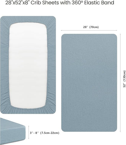 Konssy Muslin Fitted Crib Sheets 100% Cotton Baby Crib Sheets for Standard Crib Mattress (28 X 52 Inches), Soft and Breathable for Boy, Girl (Air Blue)