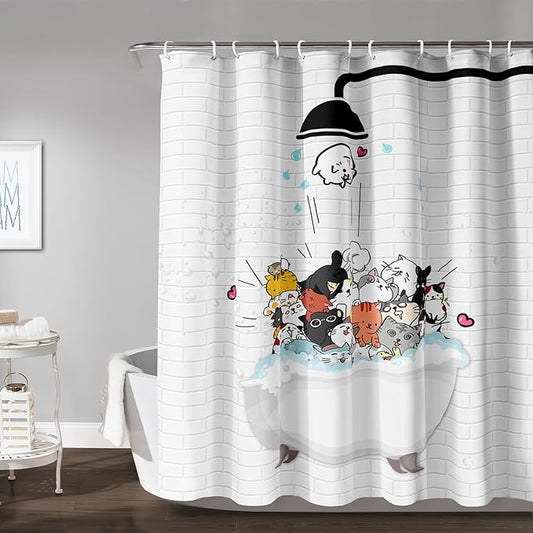 AILONEN Cute Cats Shower Curtain for Kids 72" W*96" H Inch,Kawaii Hilarious Funny Cat Pet Playing Water Shower Curtain,12 Pack Hooks Polyester Waterproof Fabric Decor for Bathroom Bathtub Panels