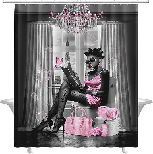 African American Shower Curtain Fashion Black Girl Shower Curtains for Bathroom Decor Grey Pink Waterproof Polyester Fabric Afro Black Women Bathroom Curtain with Hooks 55x72 Inch