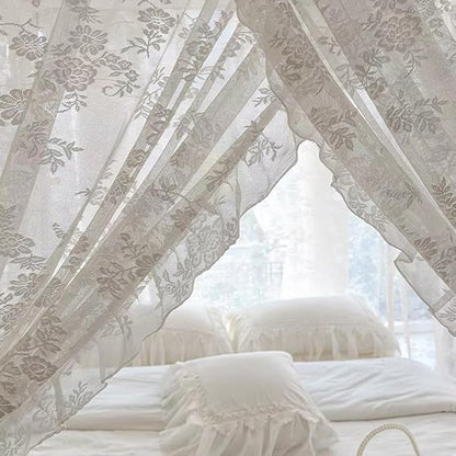 Elegant Lace Princess 4 Corner Post Mosquito Net Romantic for Girls Women Bed Curtain Canopy for Adult Wedding Bedroom Kids Rooms Decoration (Type3-Beige-White, King)