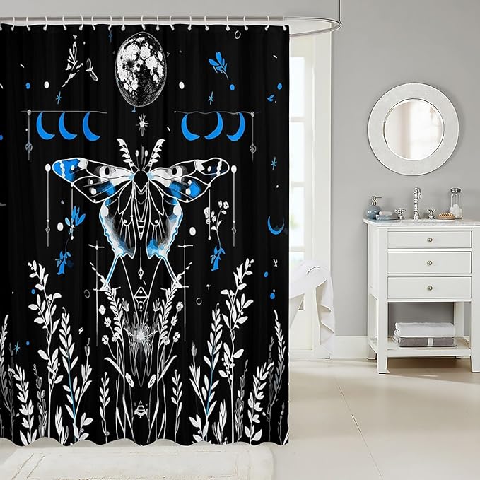 Feelyou Goth Moth Fabric Shower Curtain Bohemian Moth Floral Shower Curtain Kids Boys Girls Moon Bathroom Waterproof Accessories with 12 Hooks Boho Exotic Style Black Blue Decor Curtains,72x78 Inches
