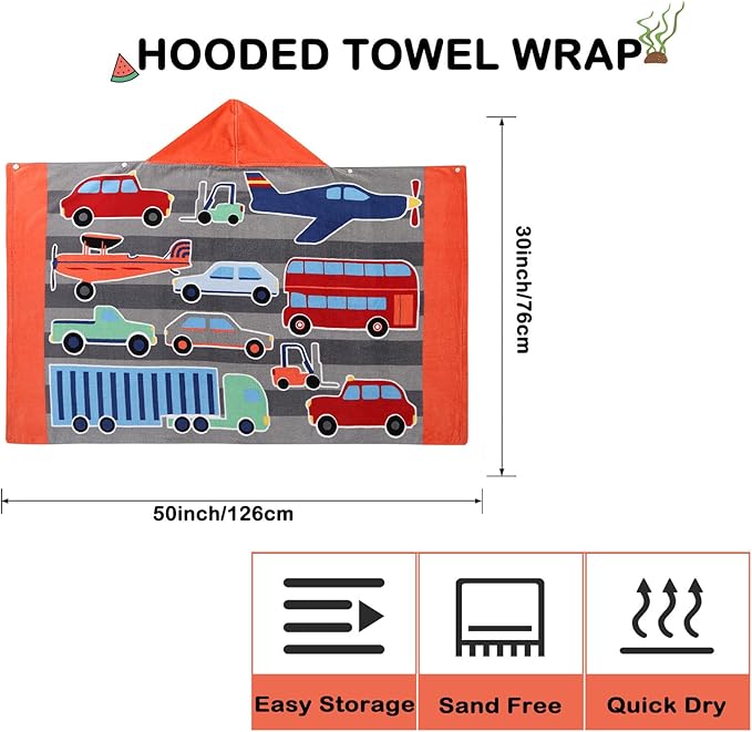 Wowelife Hooded Towels for Kids, Kids Beach Towels for Toddlers, Car Poncho Towel Wrap for Boys, 100% Cotton Kids Towel, Swimming Towels for Kids, Hooded Beach Towel