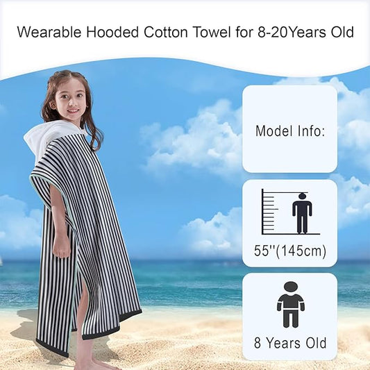 VOOVA & MOVAS Hooded Beach Towel for Big Kids | Large (8-16Years) Soft and Absorbent Cotton Poncho Towel Robe for Pool, Swim, and Bath Black White Stripe