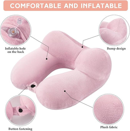 Sintuff 2 Pack Inflatable Travel Pillow for Airplanes Inflatable Neck Pillows with Compact Bag and Blindfold Soft Flight Pillow for Traveling, Airplane, Train, Car, Office(Light Pink and Violet)