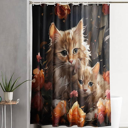 AILONEN 3D Kawaii Cat Shower Curtain,Lovely Kitten Mom and Son Polyester Cloth Bath Curtain Set for Girls Boys,Cute Animal with Flowers Waterproof Shower Curtains for Bathroom, 72" W*84" H