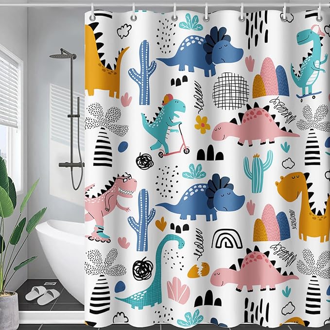 AILONEN Dinosaur Shower Curtain for Kids Boys,Cartoon Dinosaur Bath Curtain 60" W*72" H,Cactus Rainbow Dinosaur Waterproof Shower Curtain with 12 Plastic Hooks