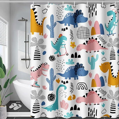 AILONEN Dinosaur Shower Curtain for Kids Boys,Cartoon Dinosaur Bath Curtain 60" W*72" H,Cactus Rainbow Dinosaur Waterproof Shower Curtain with 12 Plastic Hooks