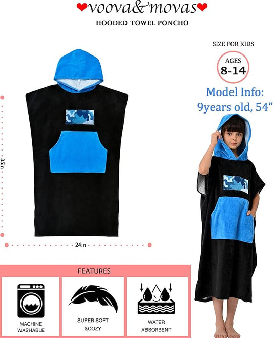 VOOVA & MOVAS Black Changing Robe for Teens,8-14Years，Thick 100% Cotton, Absorbent Hooded Towels for Girls｜Boys,Surf Poncho for Pool, Beach, Bath,Swim