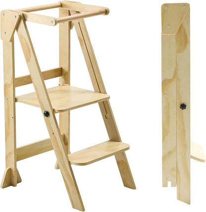 Folding Toddler Step Stool, Wooden Montessori Toddler Tower, Kitchen Tower, Kids Step Stool Toddler Tower for Toddlers and Kids 2-6 Years.