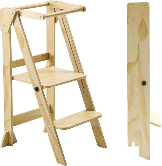 Folding Toddler Step Stool, Wooden Montessori Toddler Tower, Kitchen Tower, Kids Step Stool Toddler Tower for Toddlers and Kids 2-6 Years.